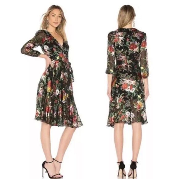 Alice + Olivia Abney Midi Black Dress Wrap Blooming Bouquet Floral Size S - Picture 5 of 9